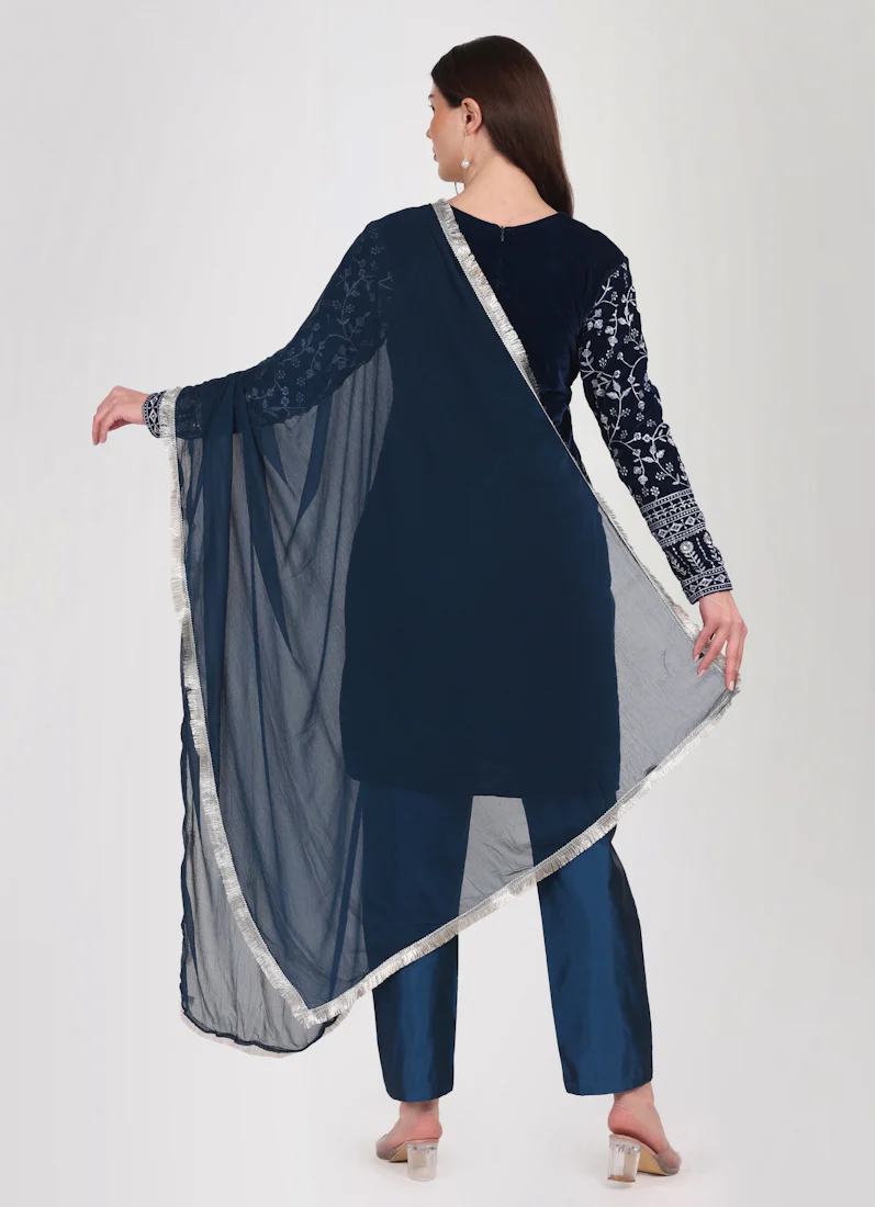 Navy Blue Velvet Embroidered Suit Set - Image 4