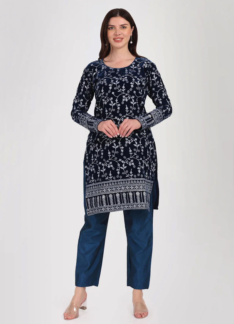 Navy Blue Velvet Embroidered Suit Set - Image 5
