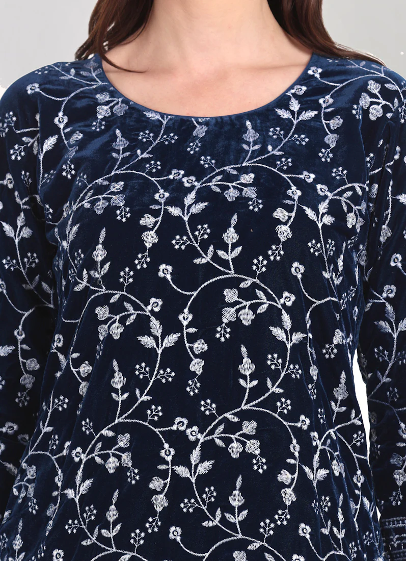 Navy Blue Velvet Embroidered Suit Set - Image 7