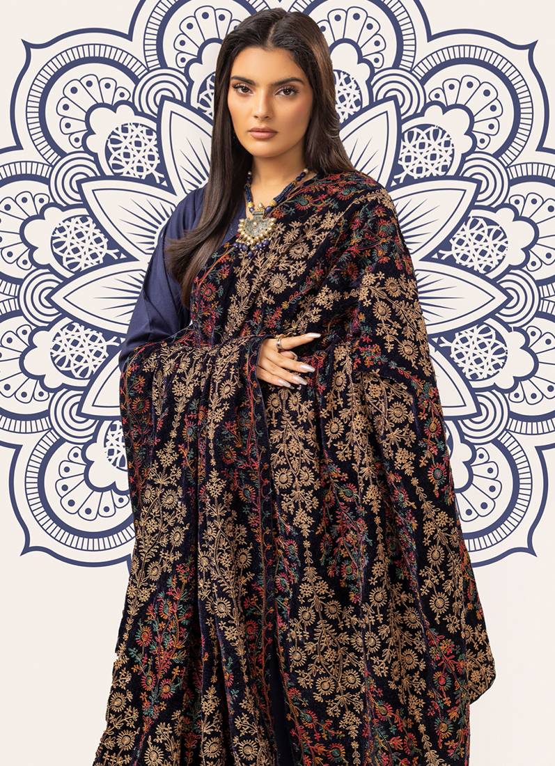 Navy Blue Velvet Embroidery Shawl Suit Set - Image 3