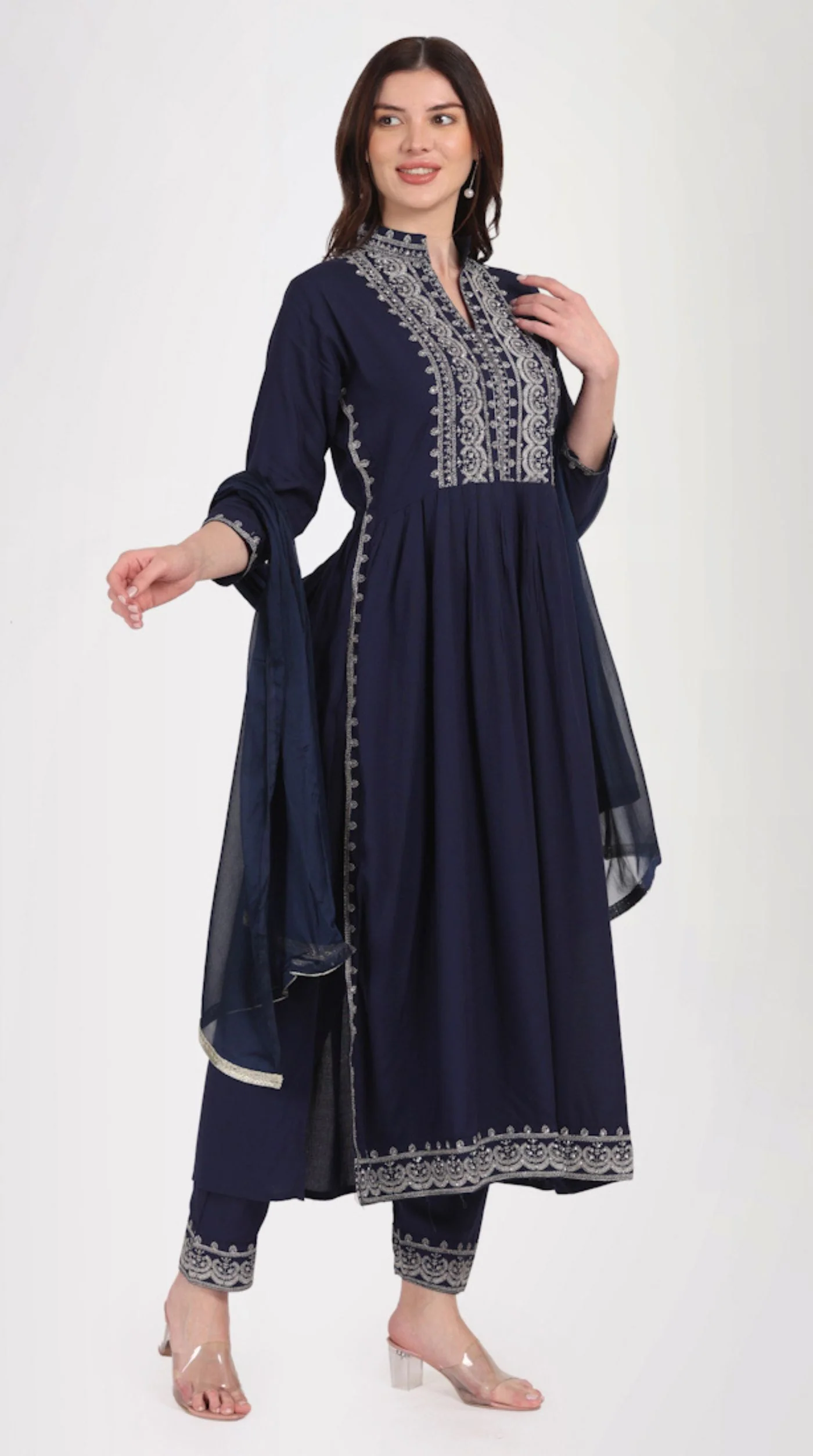 Navy Blue Zari Embroidered Suit Set - Image 3