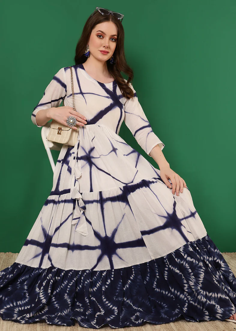 Off-White Cotton Printed Bias Cut Dress - Image 2