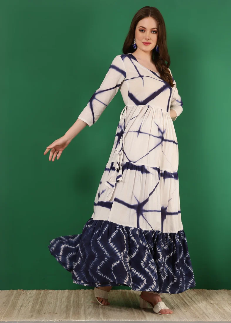 Off-White Cotton Printed Bias Cut Dress - Image 3