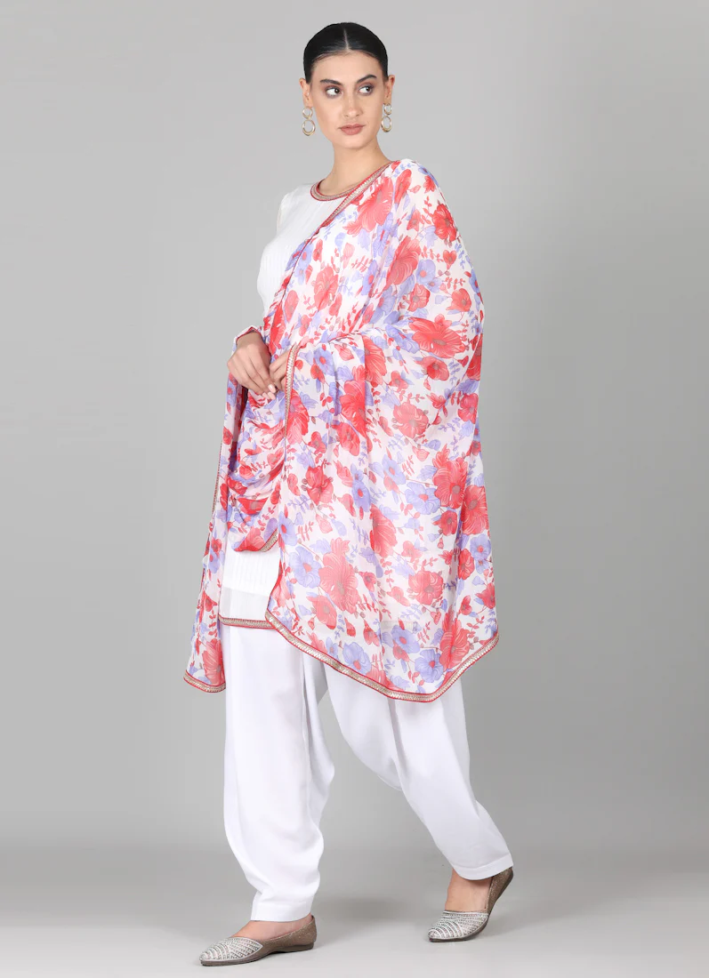 Off-White Floral Printed Dupatta Suit Set - Image 2