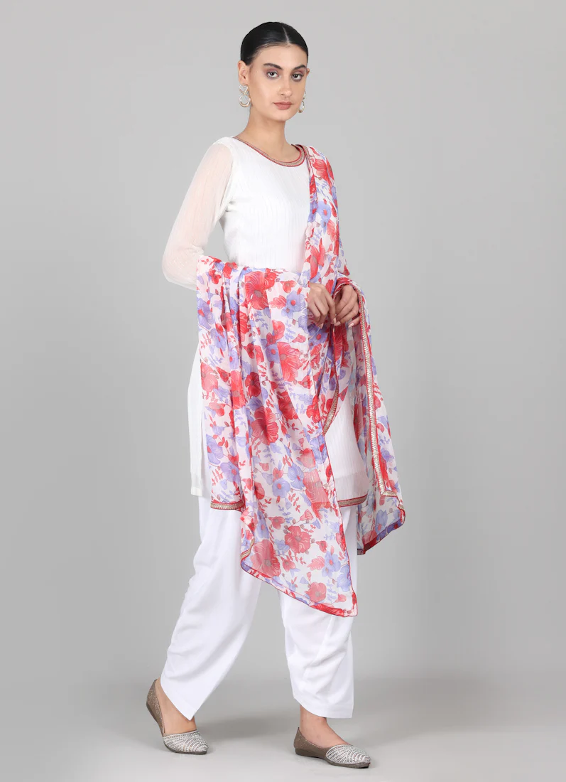 Off-White Floral Printed Dupatta Suit Set - Image 3