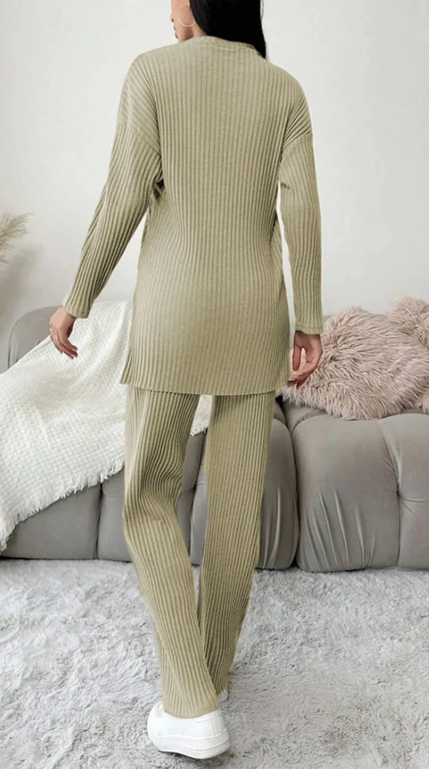 Olive Green Cotton Ribbed Co-Ord Set - Image 3