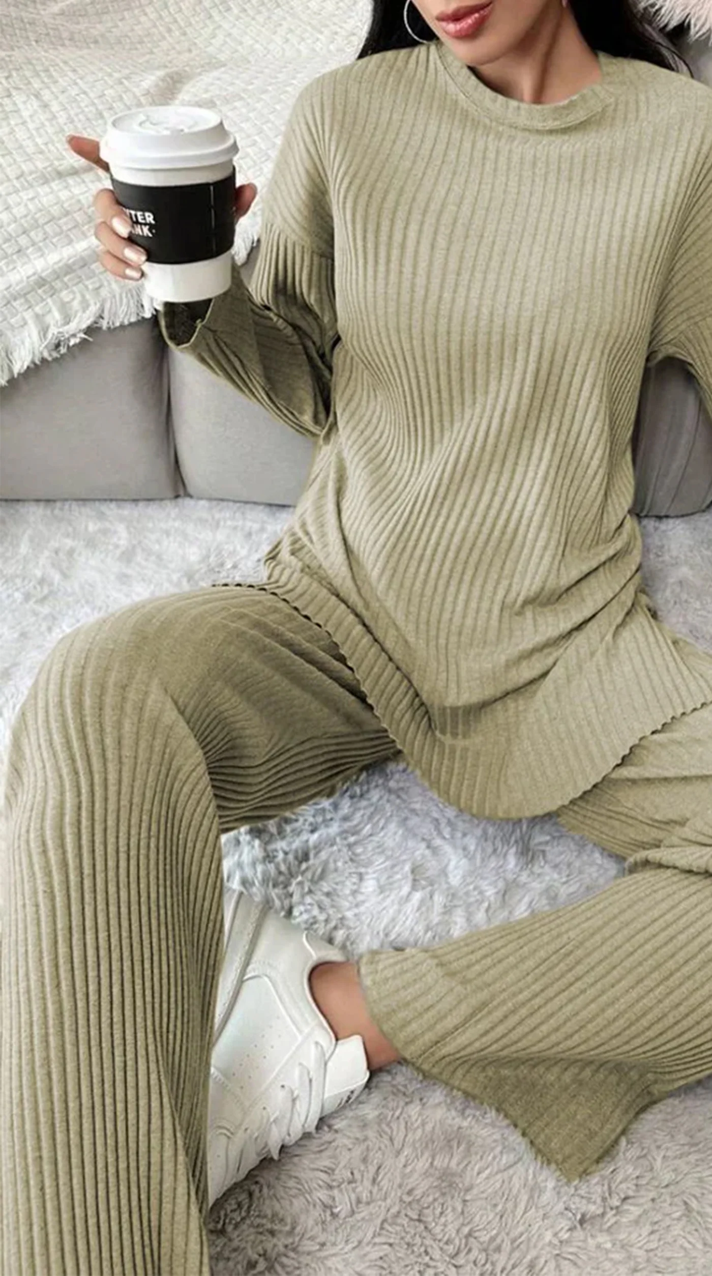 Olive Green Cotton Ribbed Co-Ord Set - Image 4