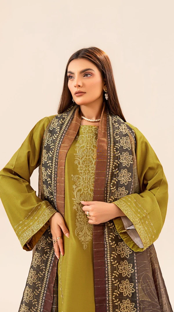 Olive Green Embroidered Pakistani Viscose Kameez Suit - Image 2