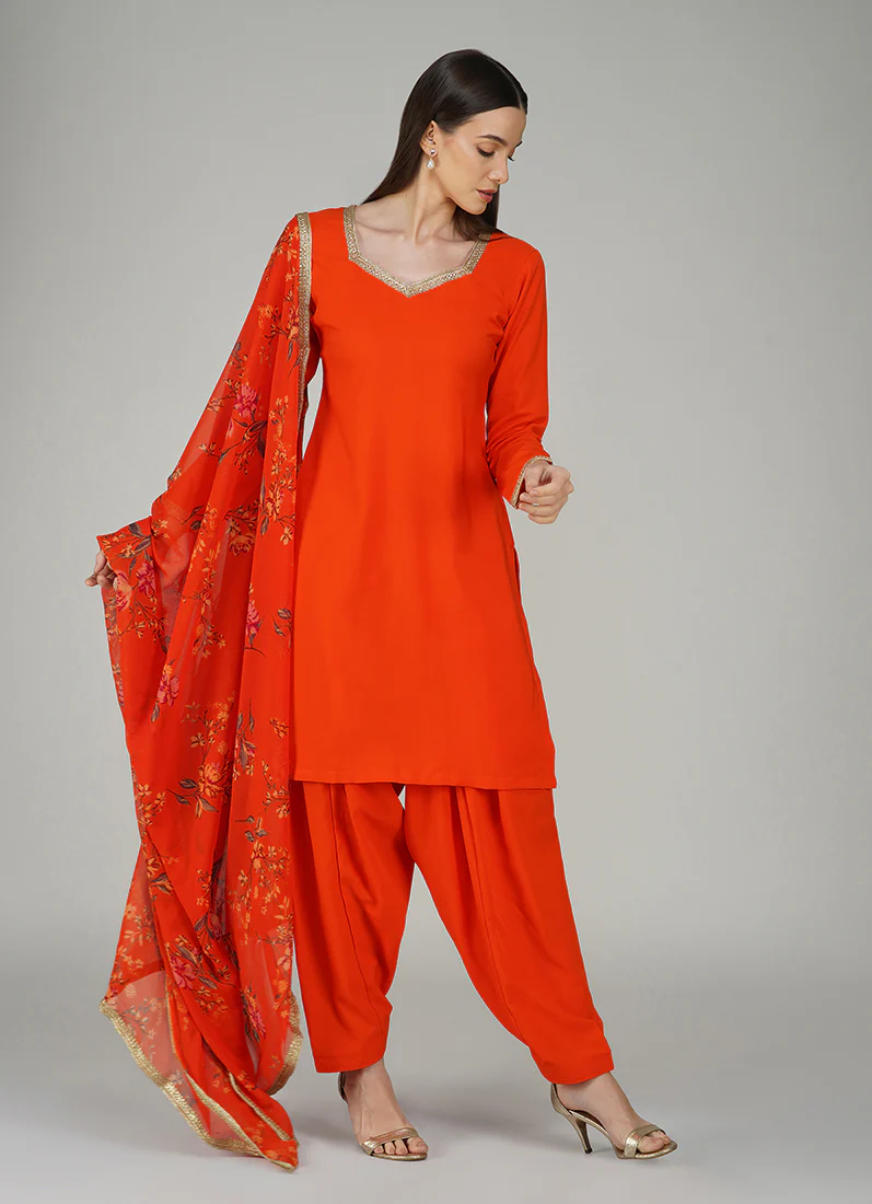 Orange Crepe Printed Salwar Suit - Image 2
