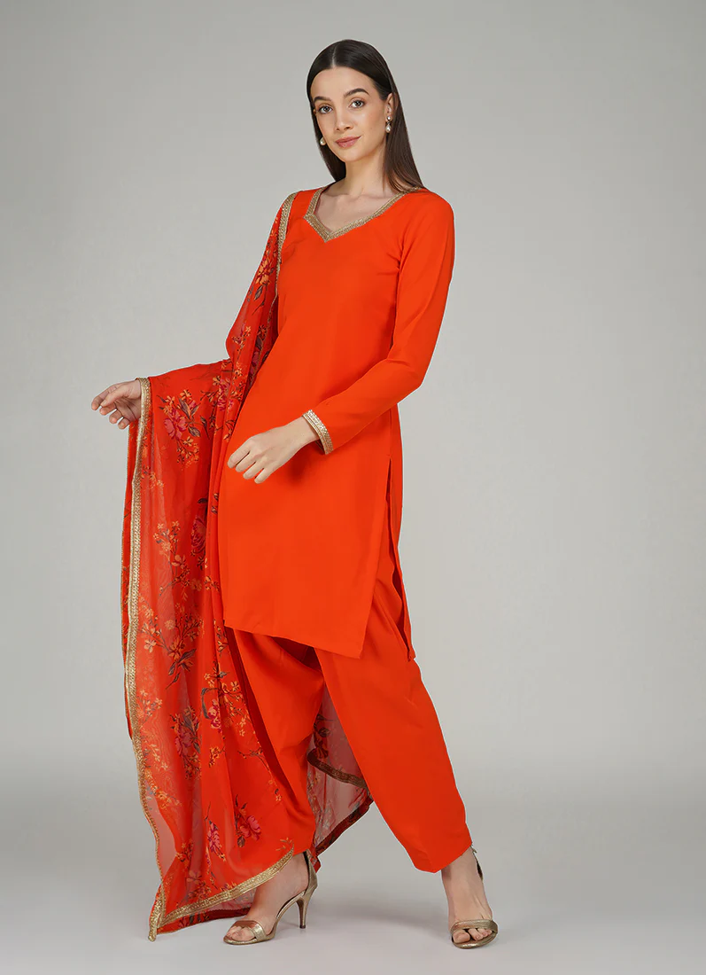 Orange Crepe Printed Salwar Suit - Image 3