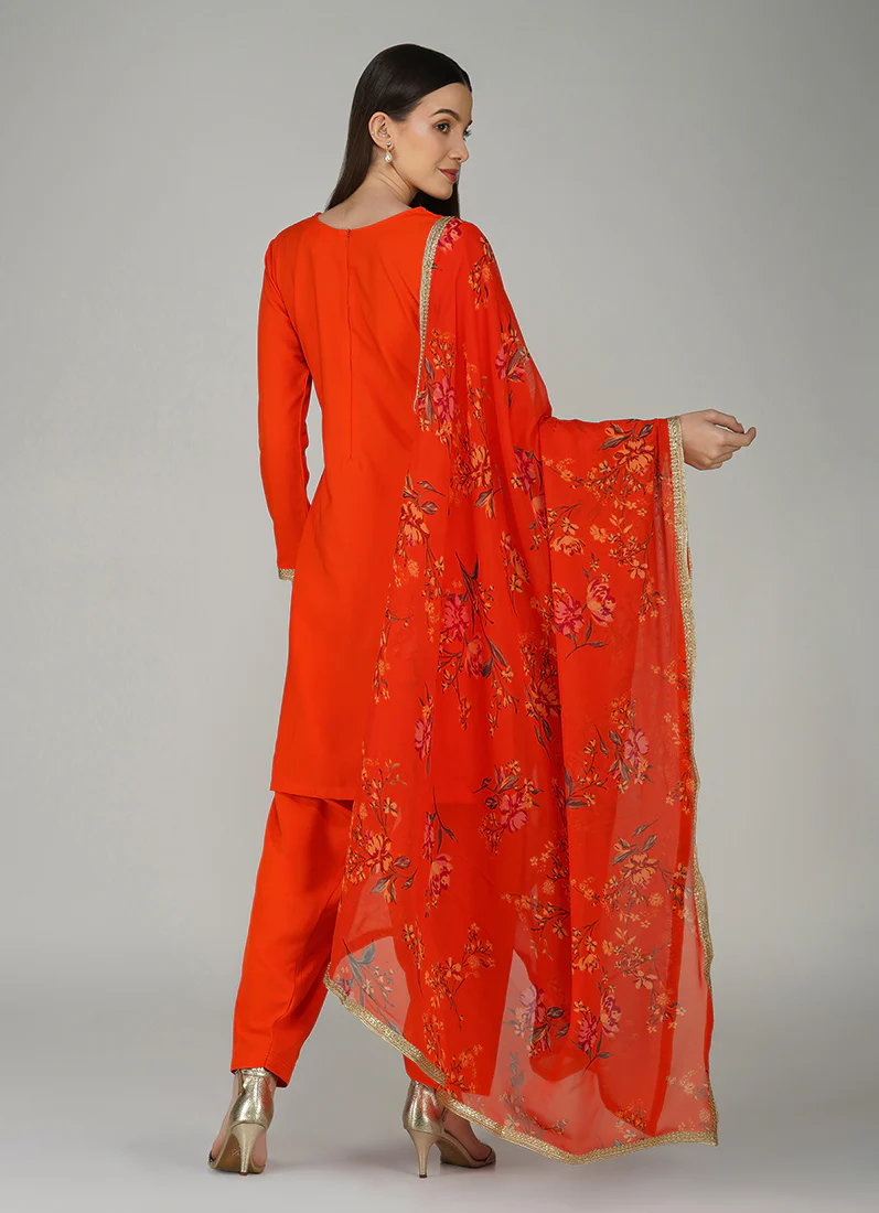 Orange Crepe Printed Salwar Suit - Image 4