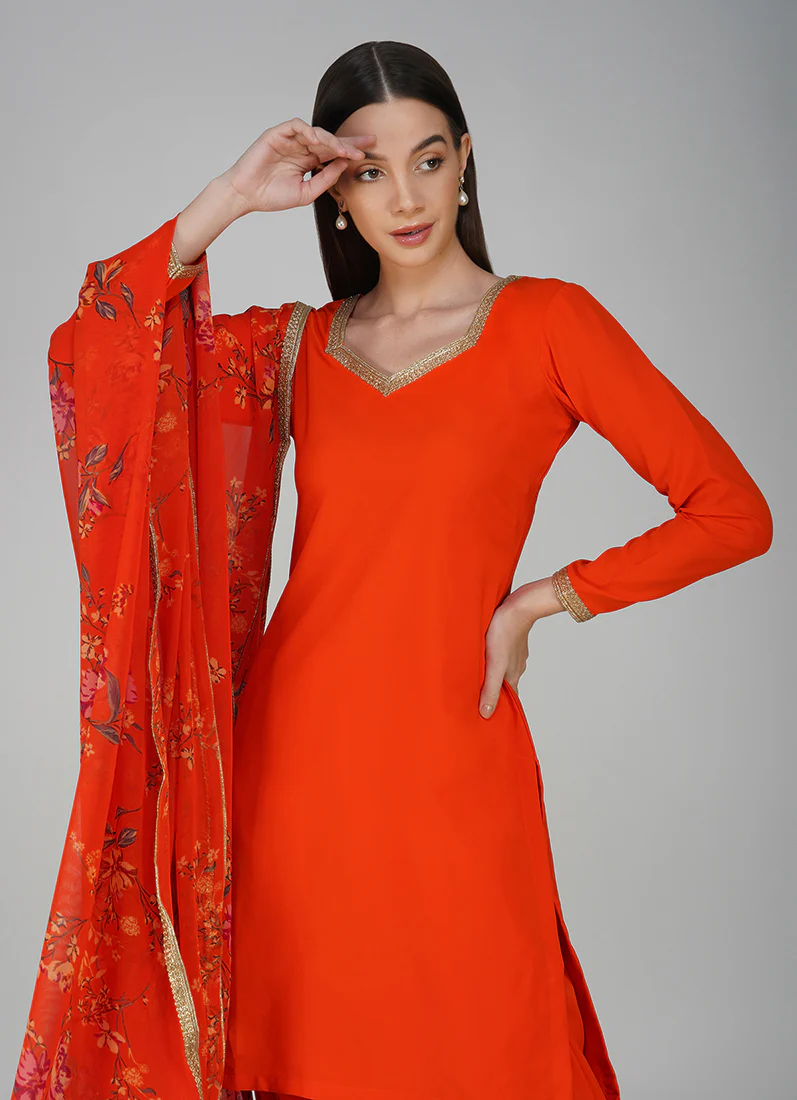 Orange Crepe Printed Salwar Suit - Image 5