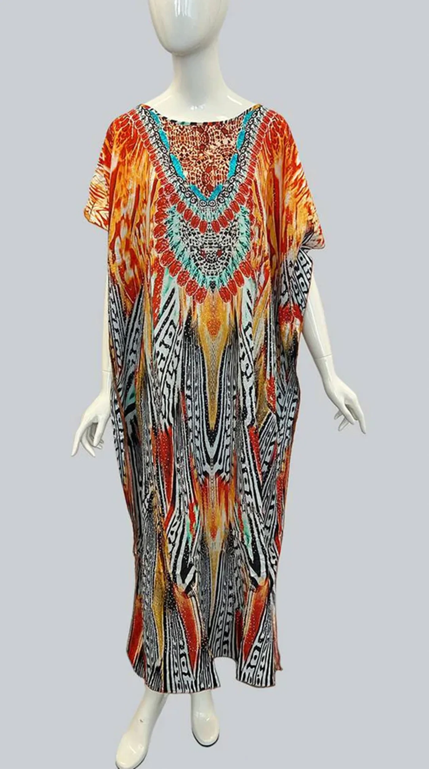 Orange Digital Print Kaftan With Silver Stone Embroidery - Image 2