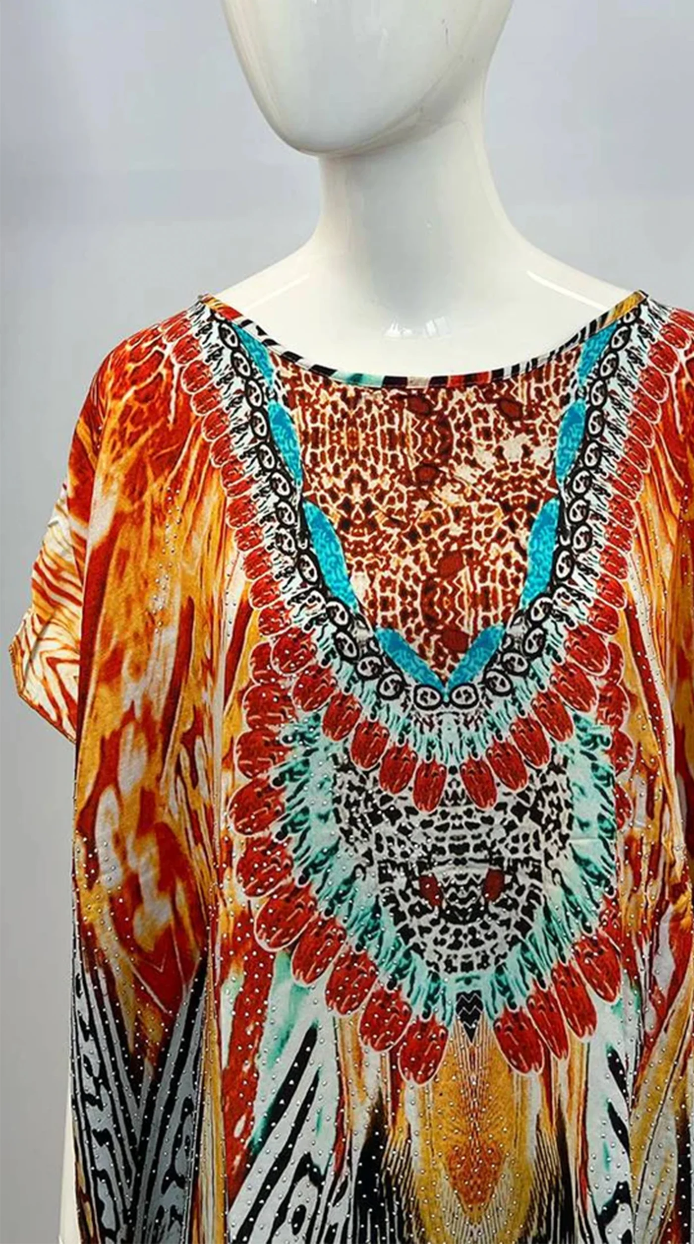Orange Digital Print Kaftan With Silver Stone Embroidery - Image 3