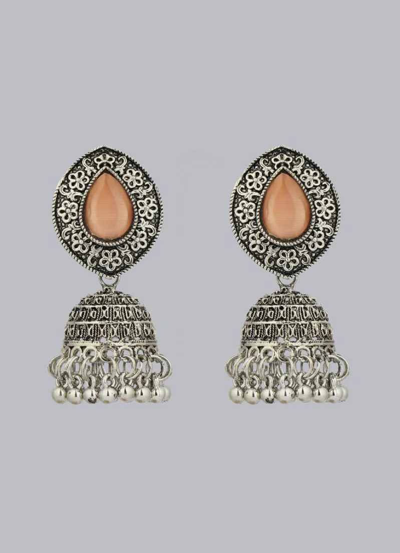 Oxidized Silver Jumki Earrings with Peach Cats Eye Stone - Image 2