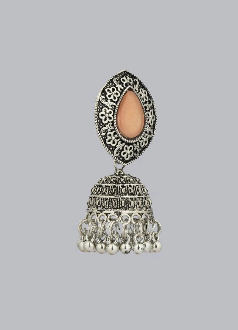 Oxidized Silver Jumki Earrings with Peach Cats Eye Stone - Image 3