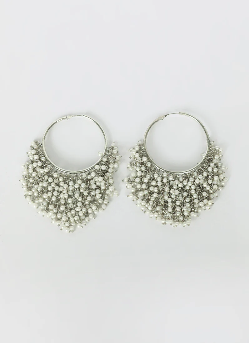 Oxidised Silver Hoop Bali with Cascade of Pearls - Image 2