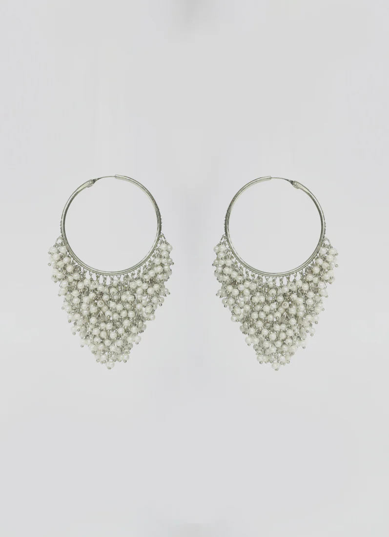 Oxidised Silver Hoop Bali with Cascade of Pearls - Image 3