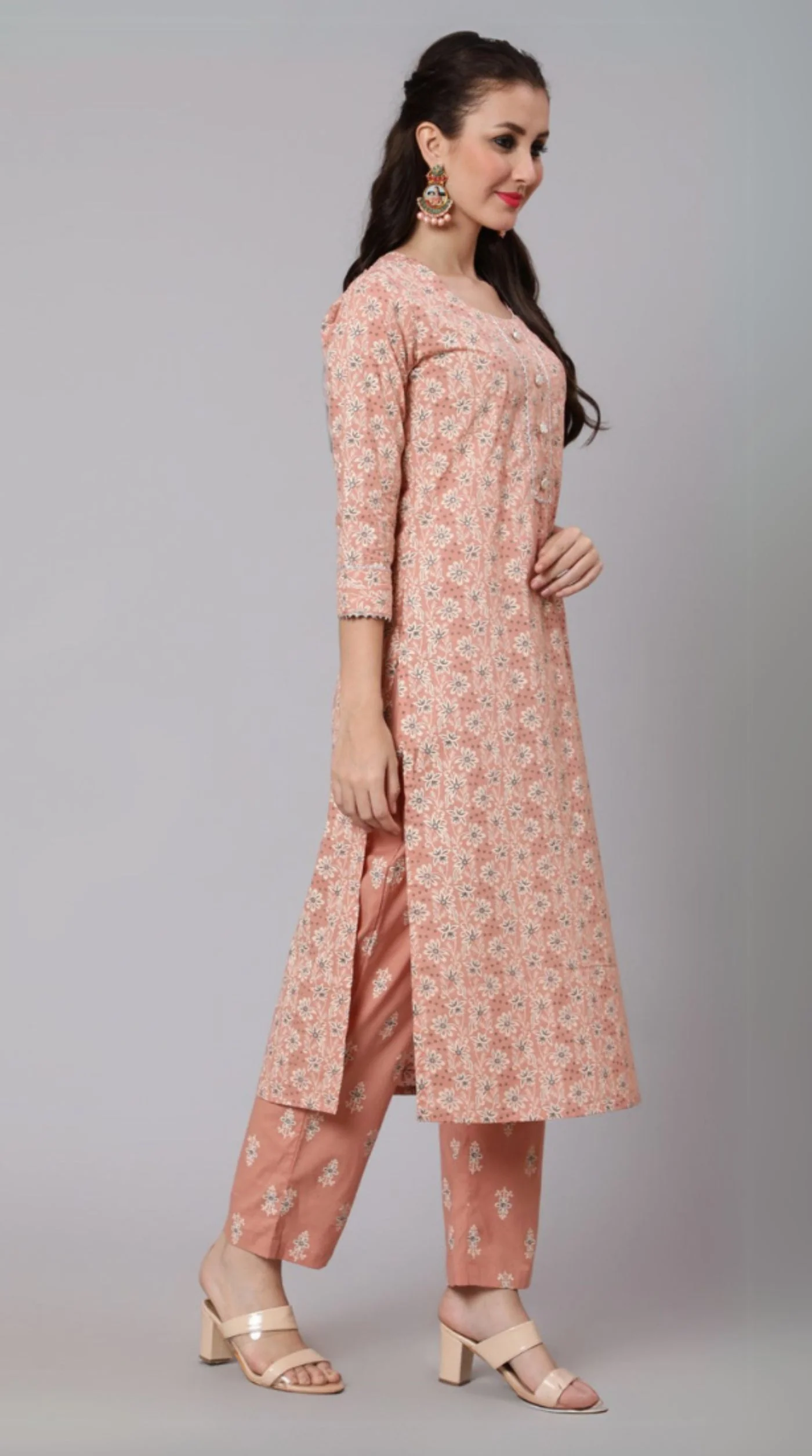 Deep Peach Cotton Printed Suit Set - Image 2