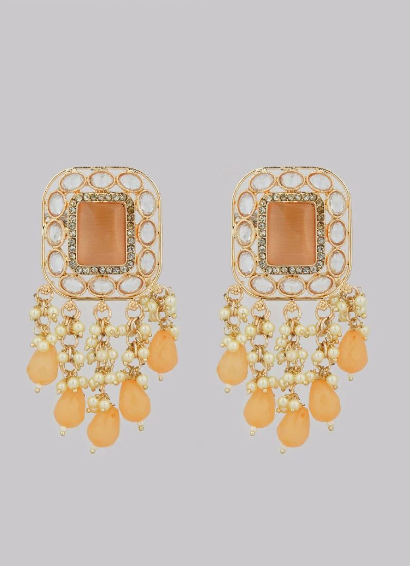 Peach Diamante Pearl Jumki Earrings with Cat’s Eye Stud and Bead Droplets - Image 2