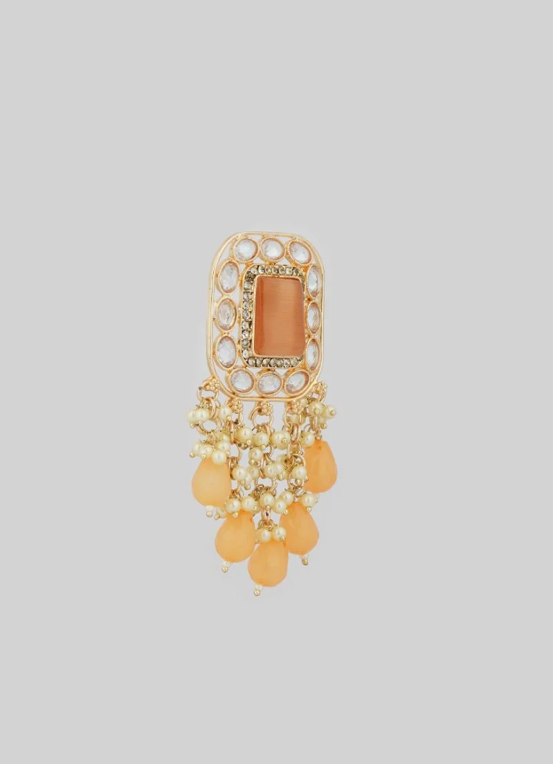 Peach Diamante Pearl Jumki Earrings with Cat’s Eye Stud and Bead Droplets - Image 3