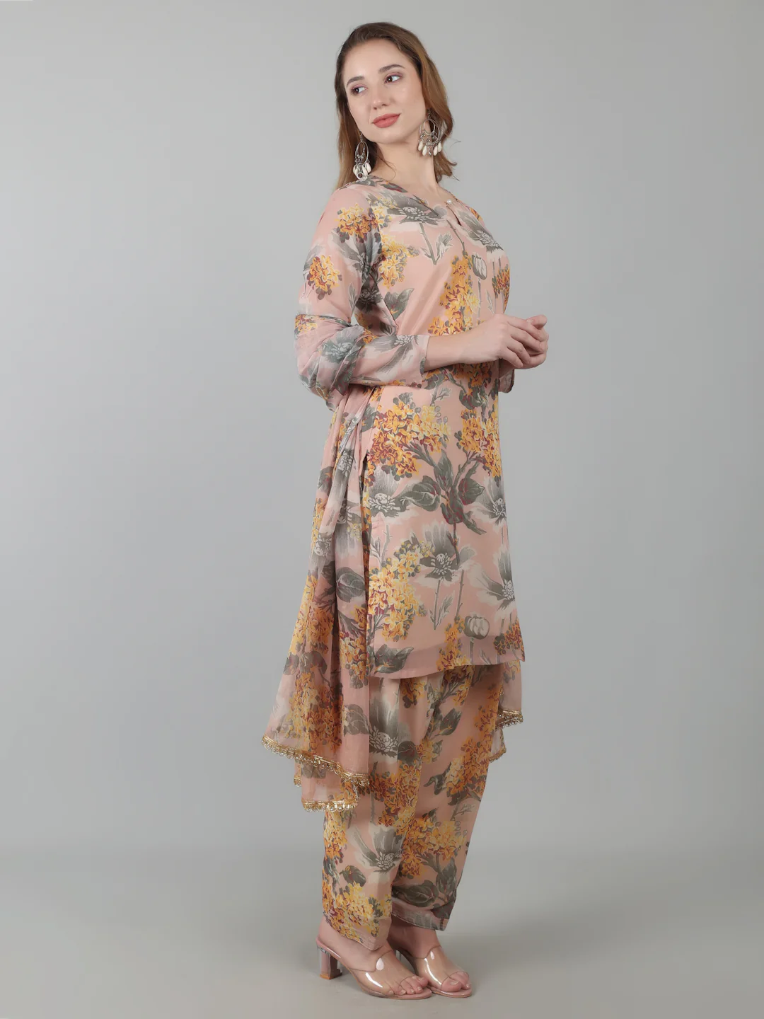 Peach Digital Print On Print Suit Set - Image 2