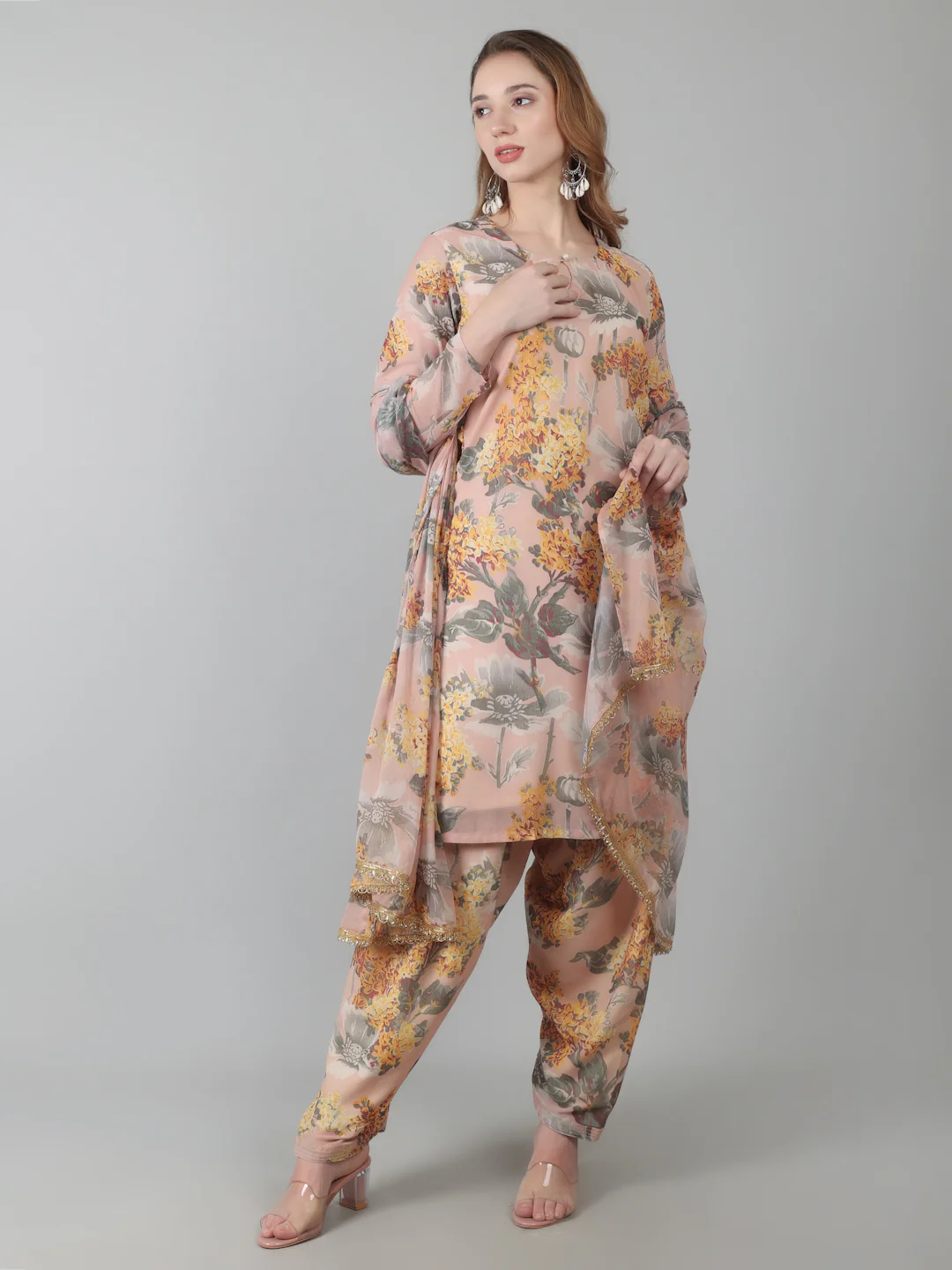 Peach Digital Print On Print Suit Set - Image 3