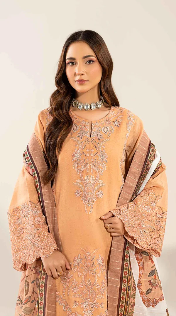 Peach Embroidered Maysuri Simmer Suit with Printed Dupatta - Image 2