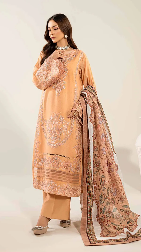 Peach Embroidered Maysuri Simmer Suit with Printed Dupatta - Image 3