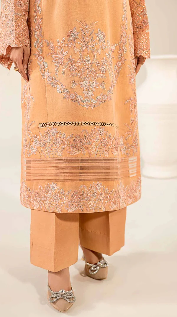 Peach Embroidered Maysuri Simmer Suit with Printed Dupatta - Image 4