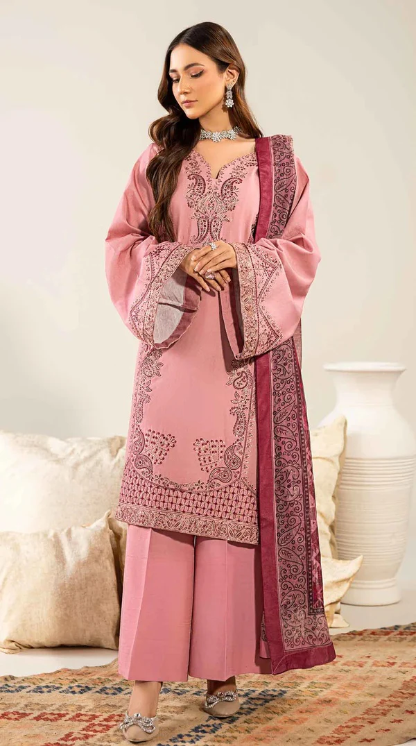 Pink Embroidered Loom Net Suit with Printed Dupatta - Image 3