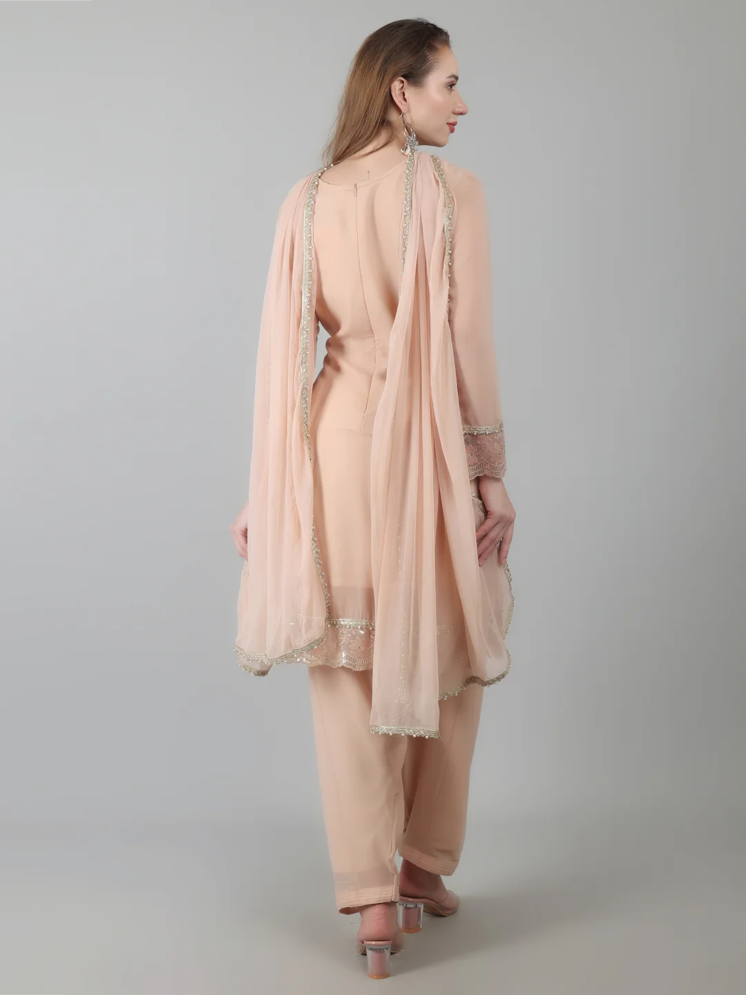 Peach Georgette Lace Suit Set - Image 2