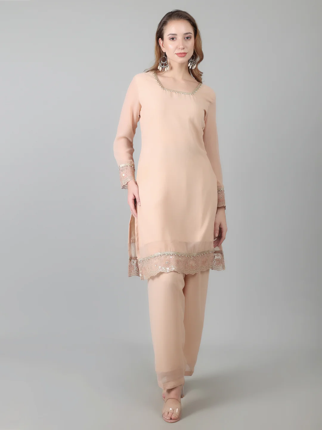 Peach Georgette Lace Suit Set - Image 3