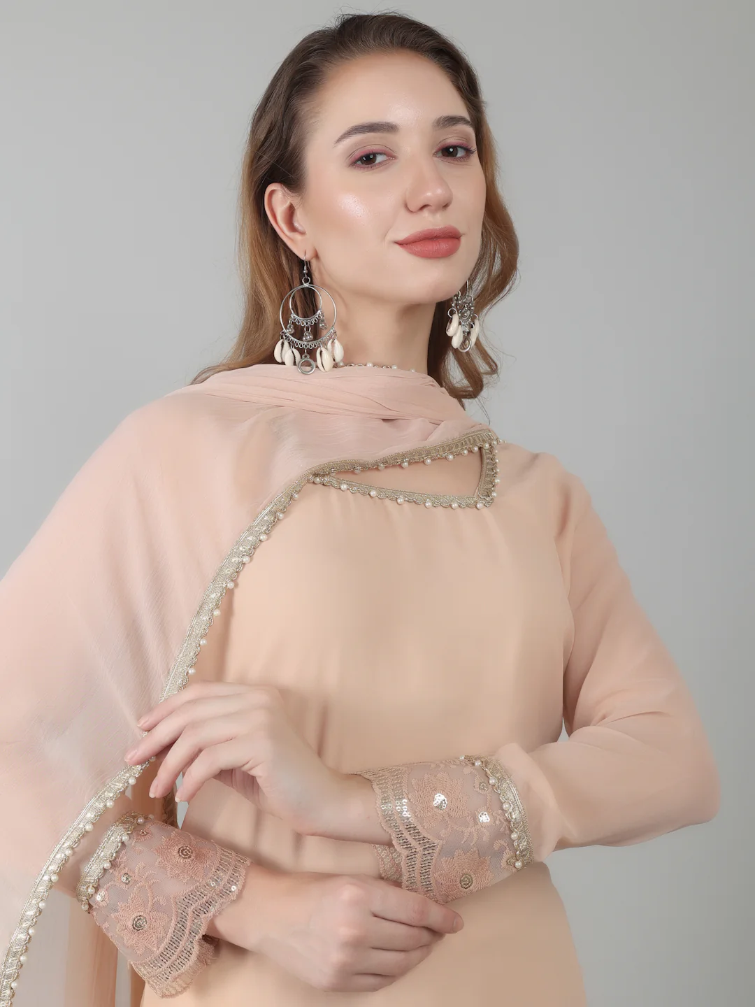 Peach Georgette Lace Suit Set - Image 4