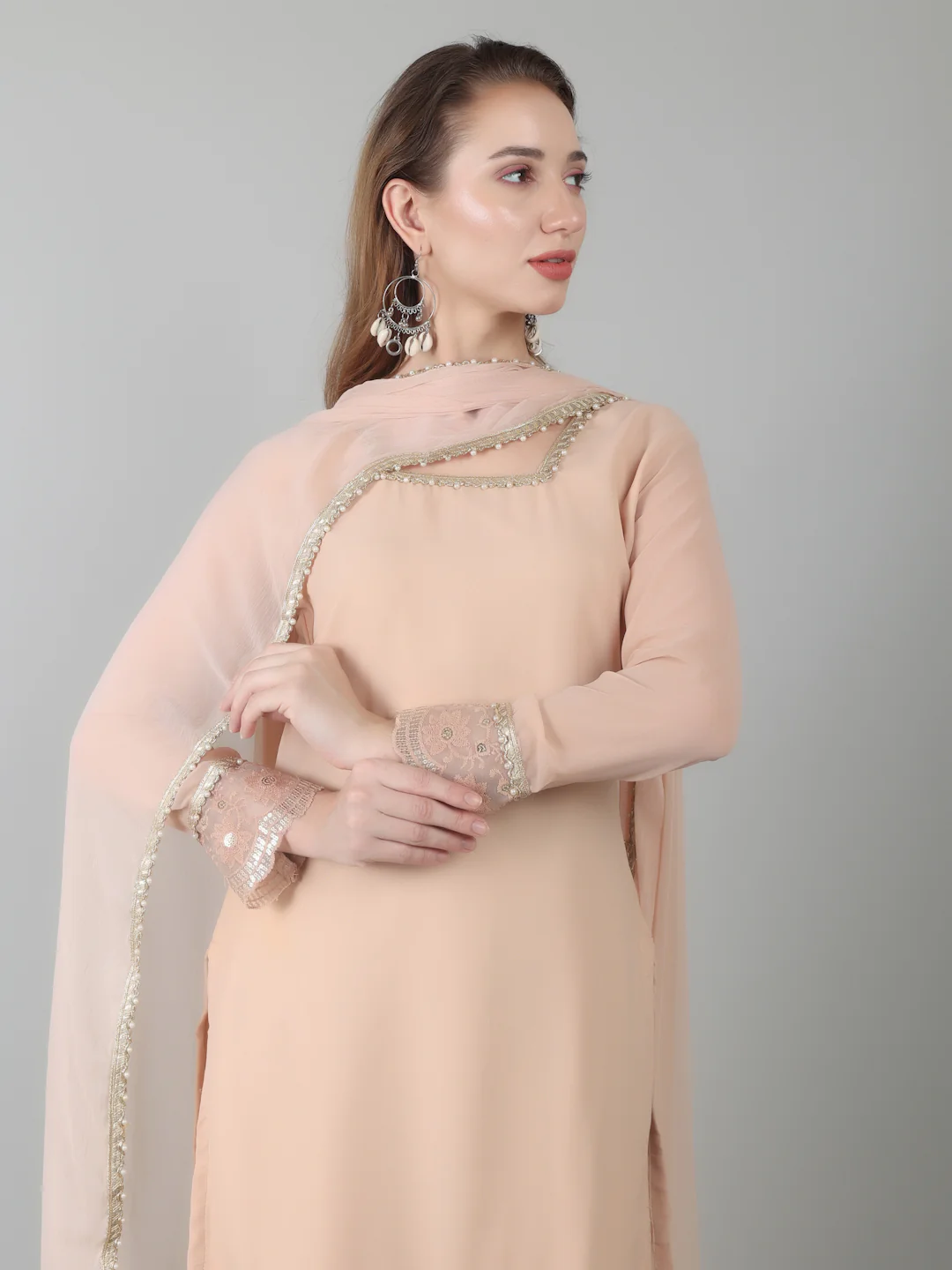 Peach Georgette Lace Suit Set - Image 5