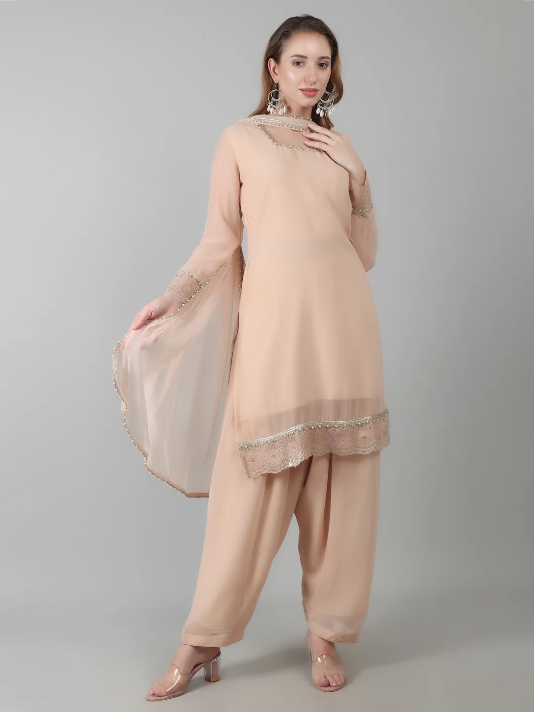 Peach Georgette Lace Suit Set - Image 7