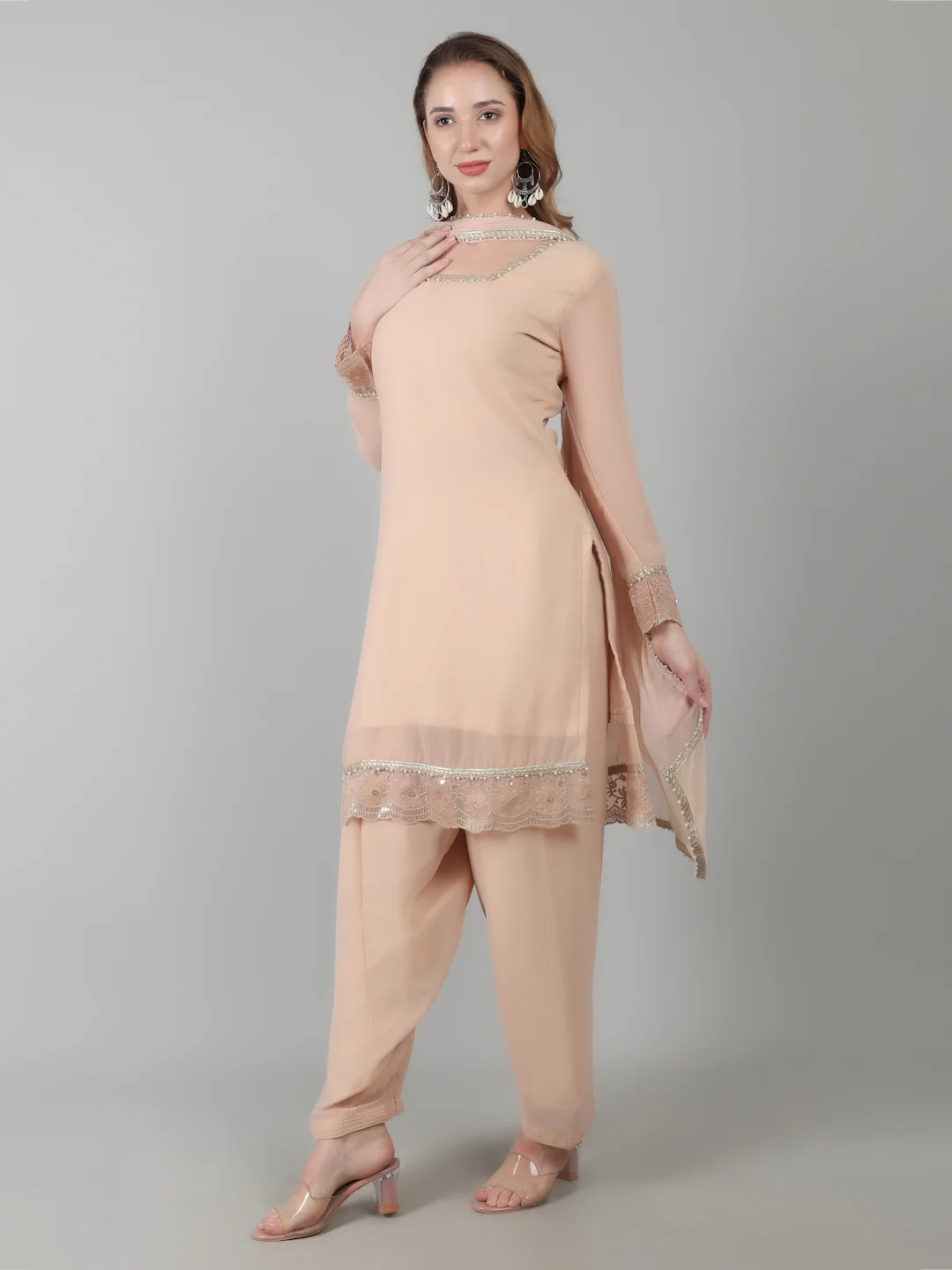 Peach Georgette Lace Suit Set - Image 8