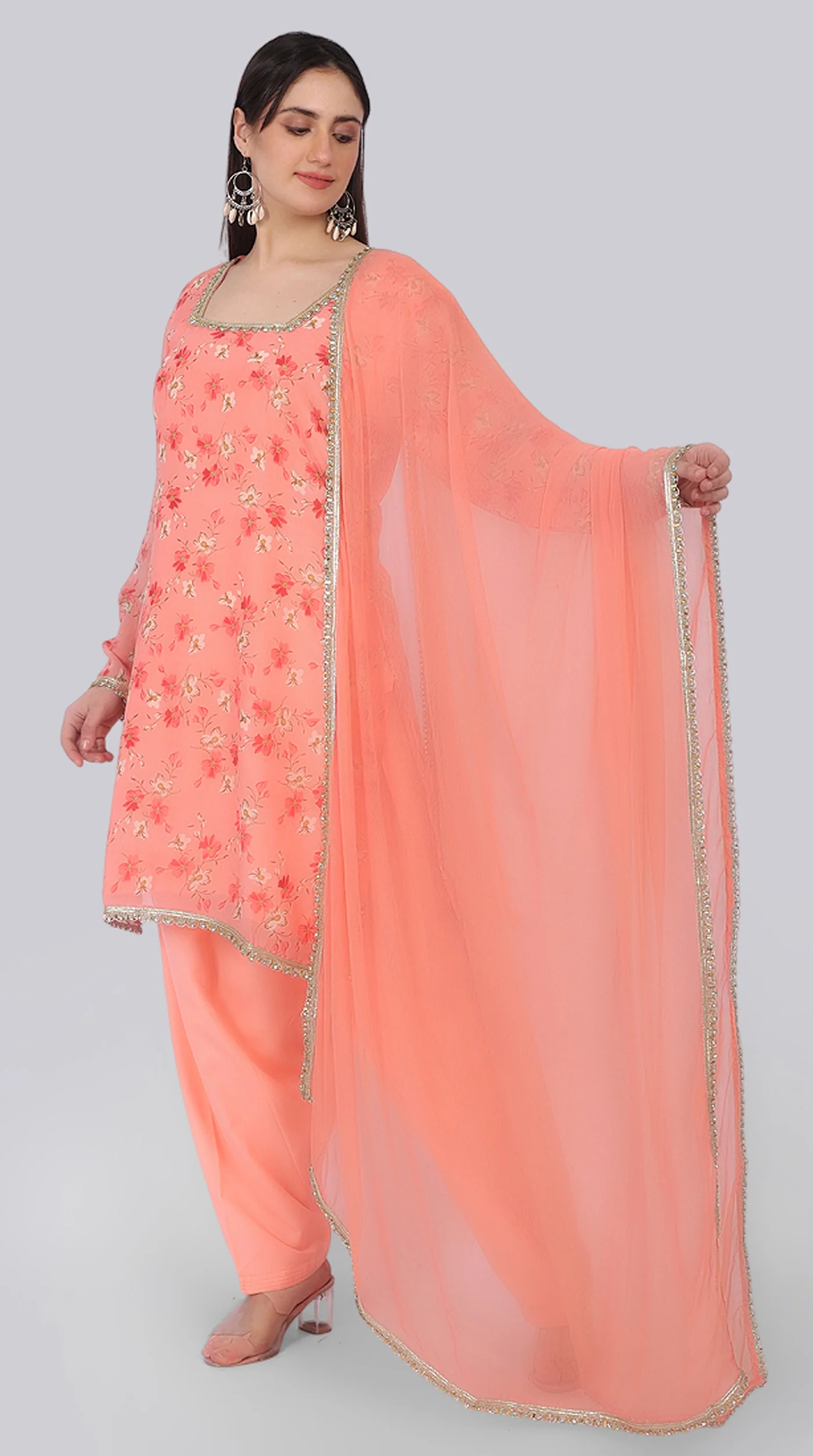 Peach Georgette Shift Suit Set with Zari Border Dupatta - Image 2