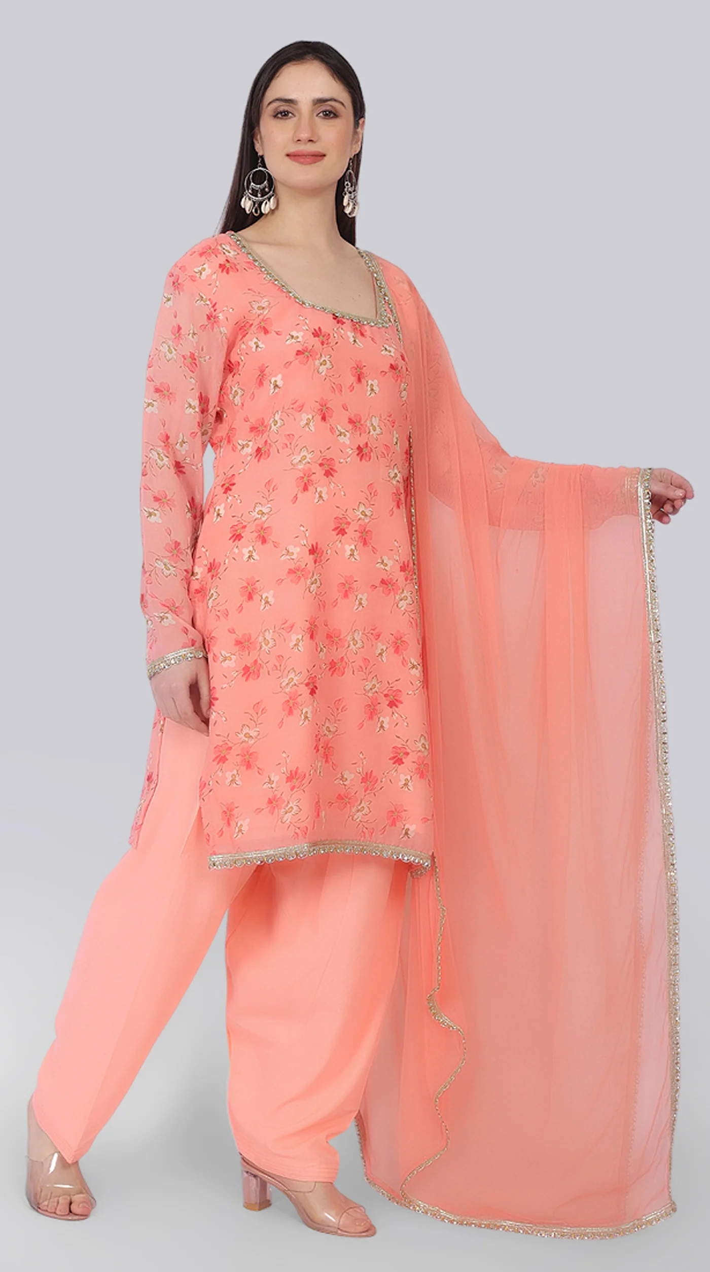 Peach Georgette Shift Suit Set with Zari Border Dupatta - Image 3