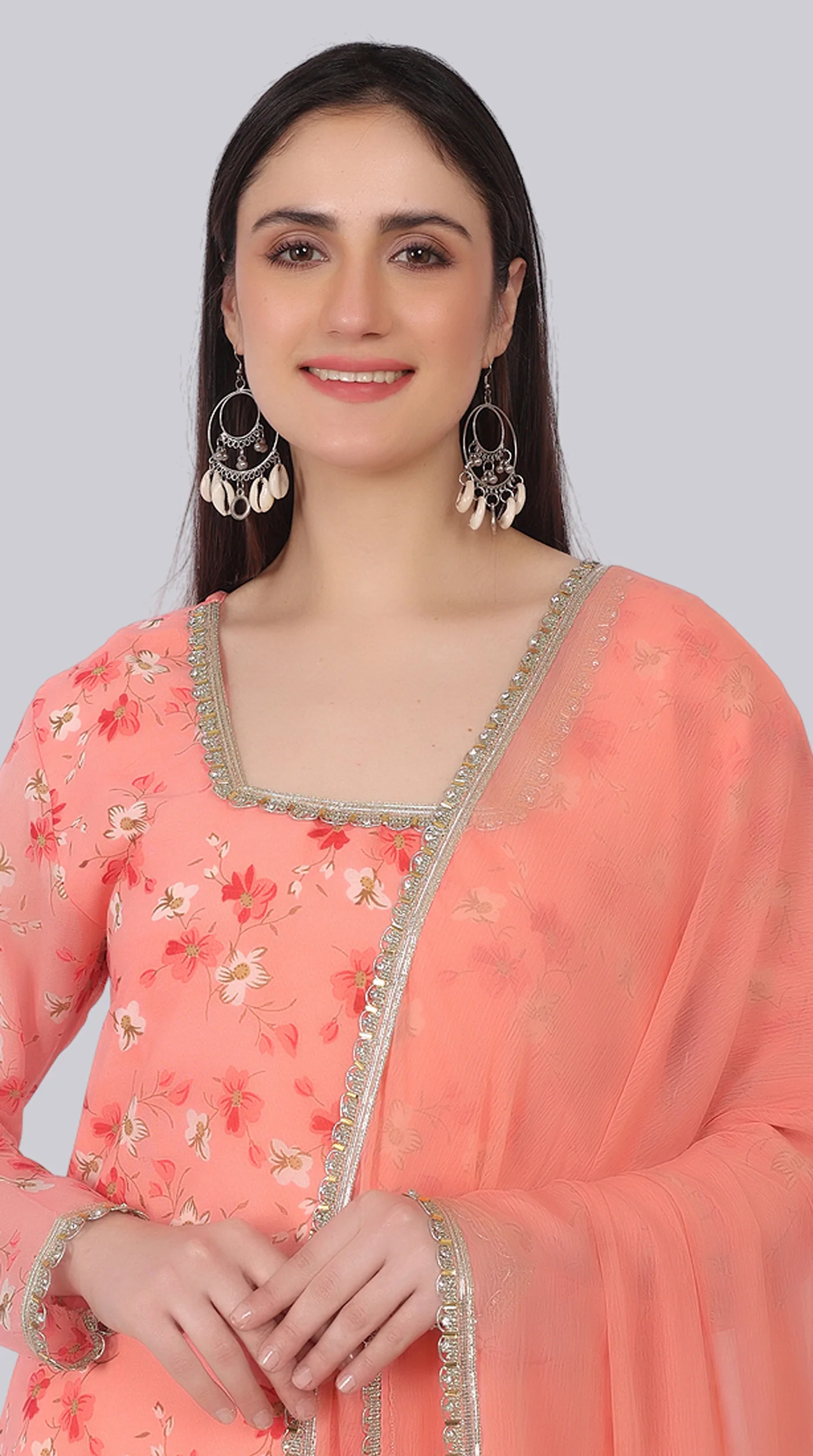 Peach Georgette Shift Suit Set with Zari Border Dupatta - Image 5