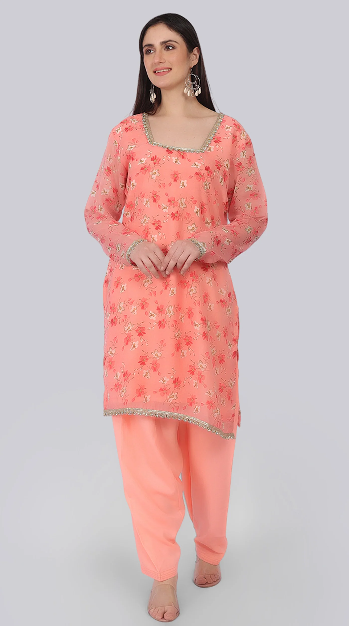 Peach Georgette Shift Suit Set with Zari Border Dupatta - Image 6