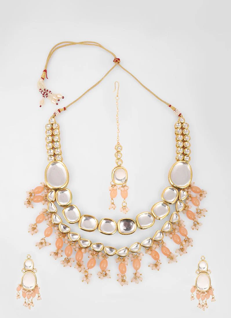 Peach large Mirror Kundan Necklace Set - Image 2