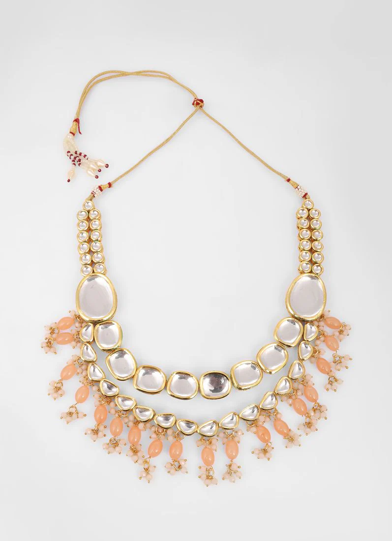 Peach large Mirror Kundan Necklace Set - Image 3