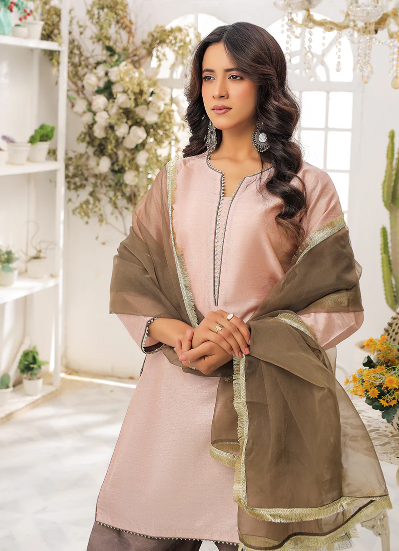 Peach-Mouse Raw Silk Suit Set - Image 3
