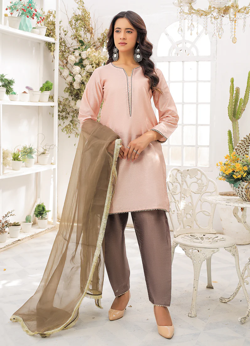 Peach-Mouse Raw Silk Suit Set - Image 5