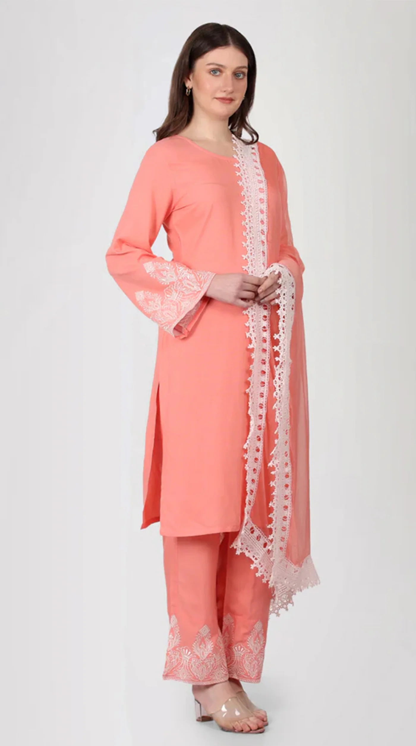 Peach Rayon Crochet Lace Suit Set - Image 2