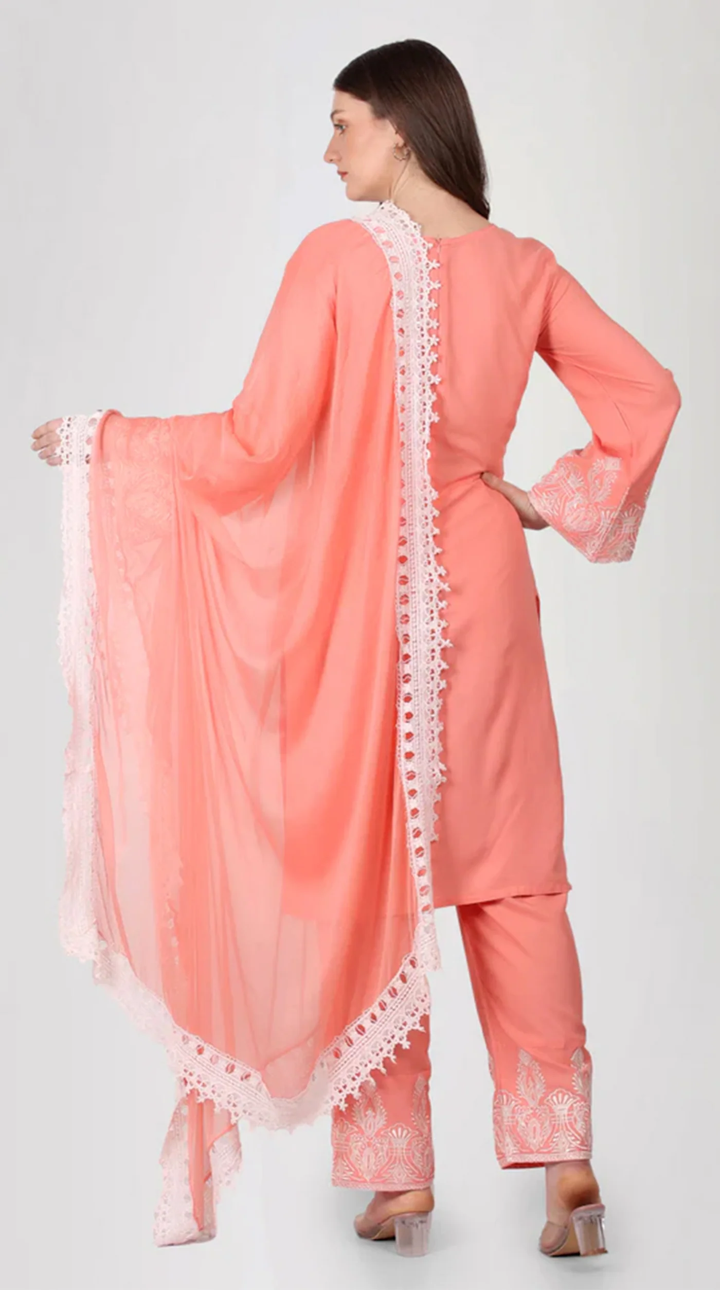 Peach Rayon Crochet Lace Suit Set - Image 4