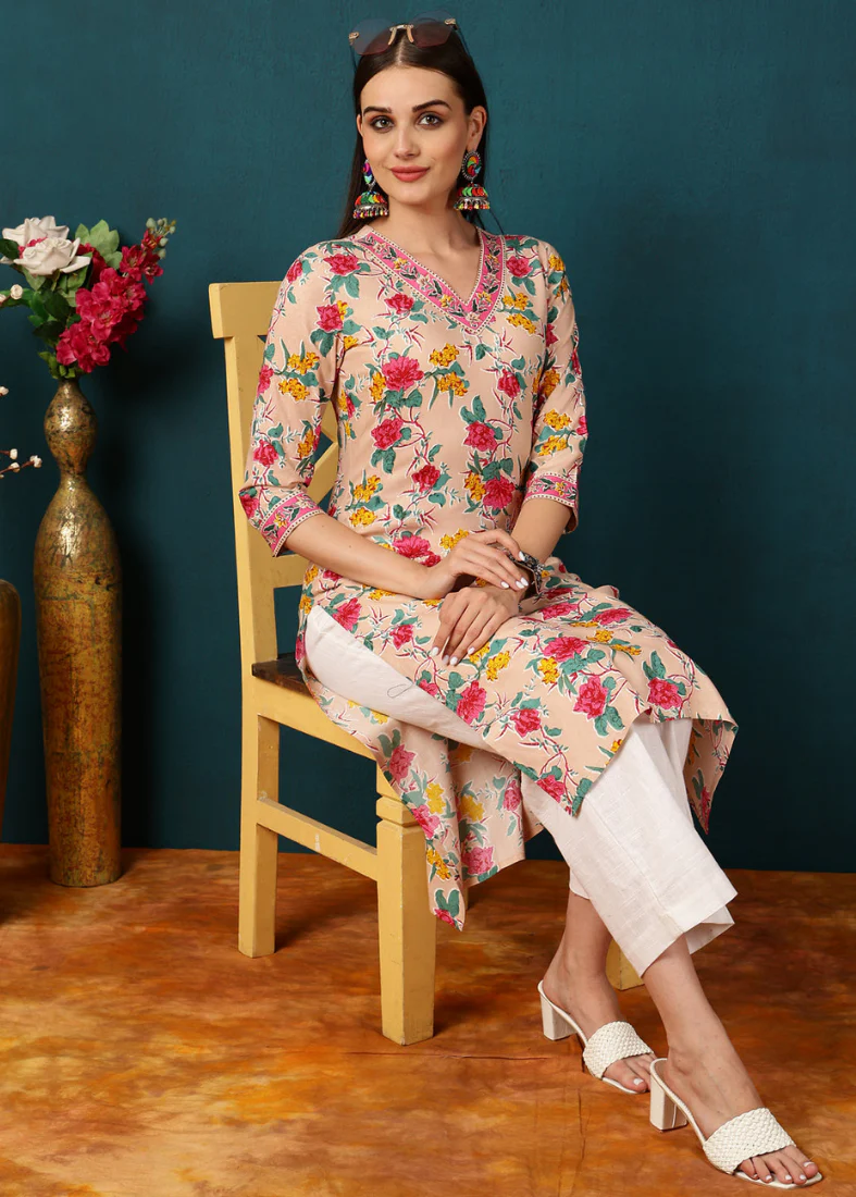 Peach Rayon Printed Kurta - Image 3