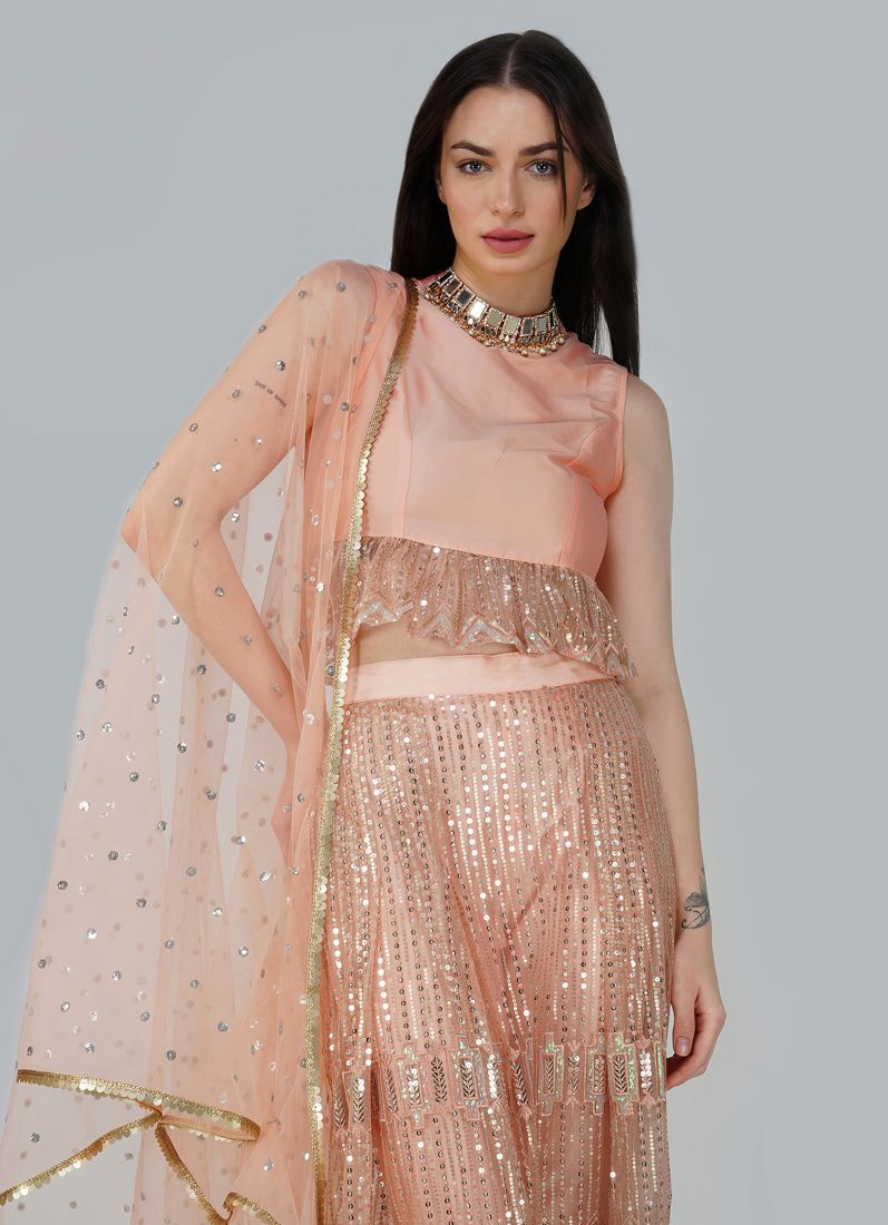Peach Taffeta Trouser Skirt Set - Image 3