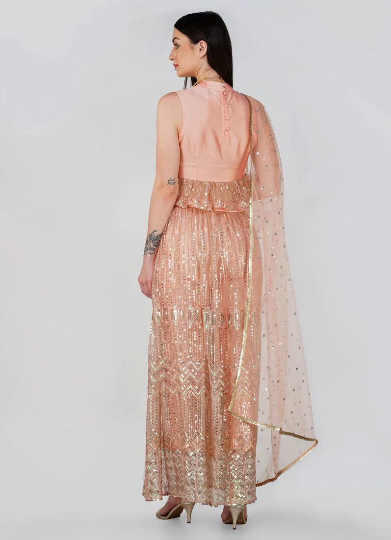 Peach Taffeta Trouser Skirt Set - Image 7